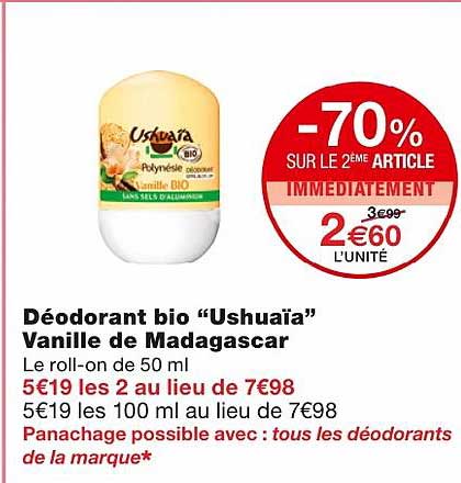 déodorant bio "ushuaïa" vanille de madagascar -70% sur le 2ème article immédiatement