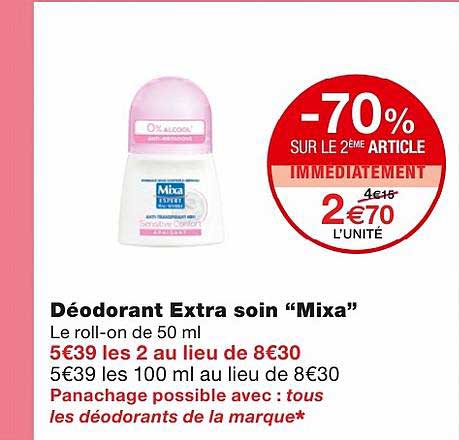 déodorant extra soin "mixa" -70% sur le 2ème article immédiatement