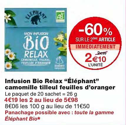Infusion Bio Relax éléphant Camomille Tilleul Feuilles D'oranger -60% Sur Le 2ème Article Immédiatement