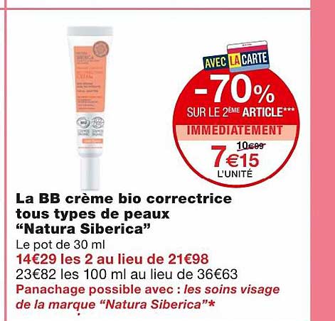 la bb crème bio correctrice tous types de peaux "natura siberica" -70% sur le 2ème article immédiatement
