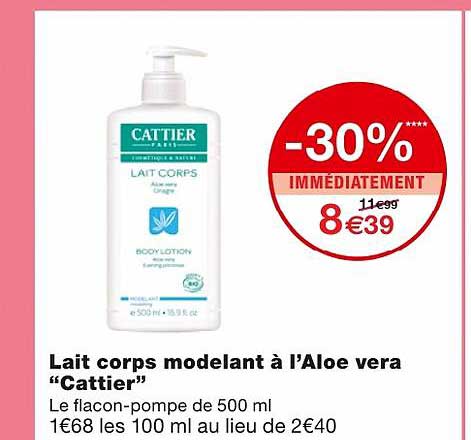 lait corps modelant à l'aloe vera "cattier" -30% immédiatement