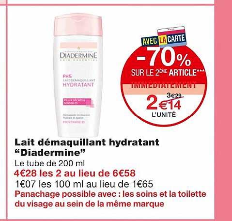 lait démaquillant hydratant "diadermine" -70% sur le 2ème article immédiatement