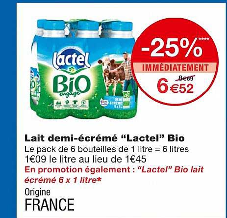 lait demi écrémé "lactel" bio -25% immédiatement