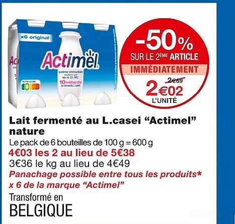 lait fermenté au l.casei "actimel" nature -50% sur le 2ème article immédiatement