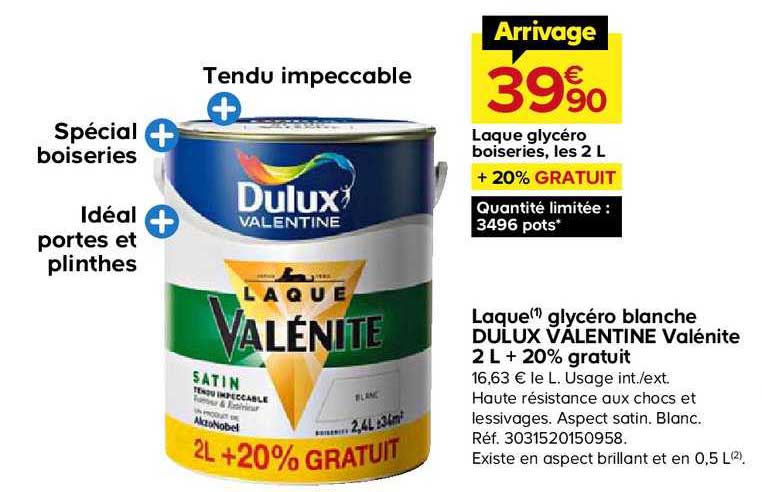 laque glycéro blanche dulux valentine valénite 2 l + 20% gratuit
