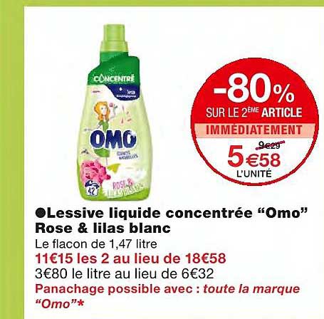 lessive liquide concentrée "omo" rose & lilas blanc -80% sur le 2ème article immédiatement