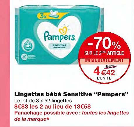 lingettes bébé sensitive "pampers" -70% sur le 2ème article immédiatement