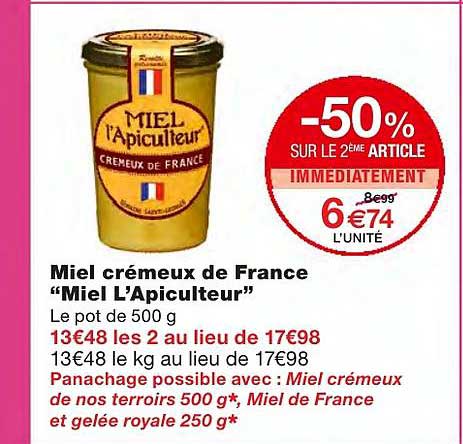 miel crémeux de france miel l'apiculteur -50% sur le 2ème article immédiatement