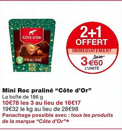 mini roc praliné côte d'or 2+1 offert immédiatement