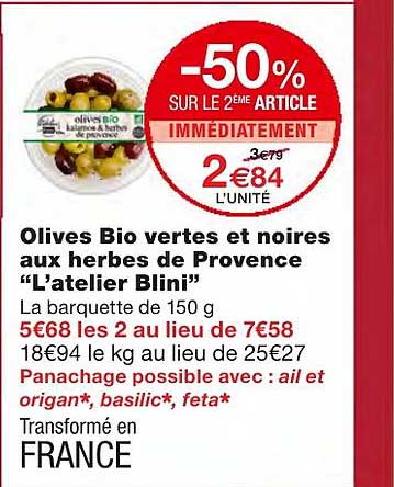 olives bio vertes et noires aux herbes de provence "l'atelier blini" -50% sur le 2ème article immédiatement