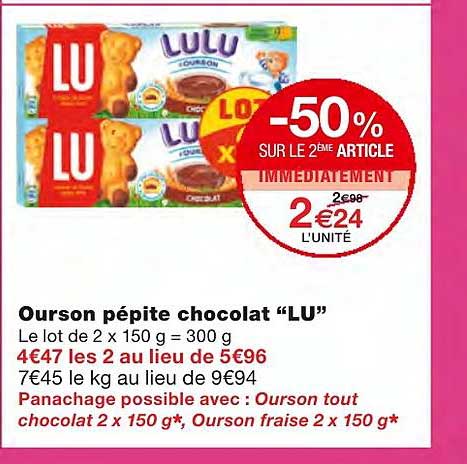 Ourson Pépite Chocolat Lu -50% Sur Le 2ème Article Immédiatement