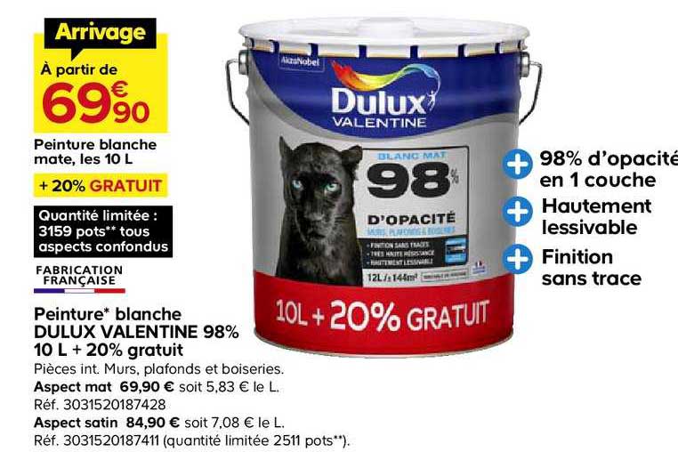 Peinture Blanche Dulux Valentine 98% 10l +20% Gratuit