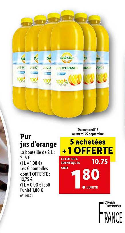 pur jus d'orange 5 achetées + 1 offerte