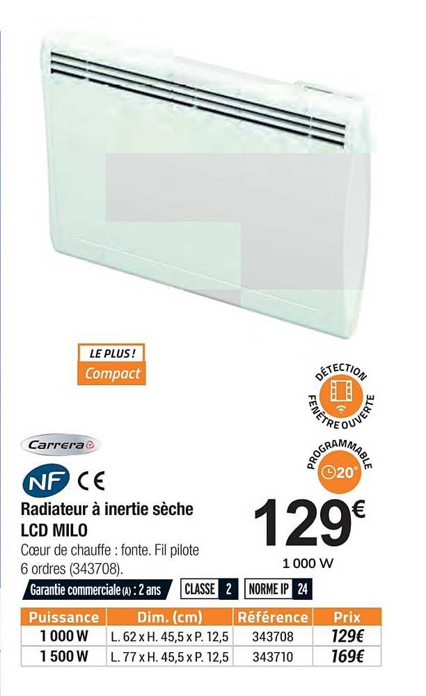 radiateur à inertie sèche lcd milo carrera nf