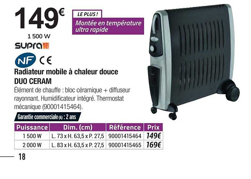 radiateur mobile à chaleur douce duo ceram nf supra