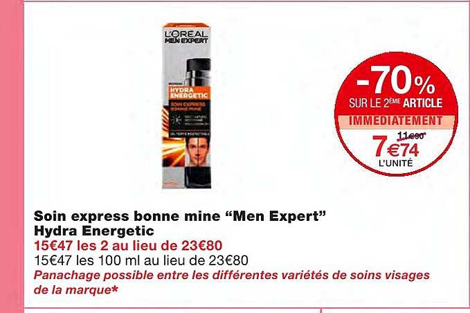 soin express bonne mine "men expert" hydra energetic -70% sur le 2ème article immédiatement
