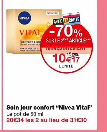 soin jour confort "nivea vital" -70% sur le 2ème article immédiatement