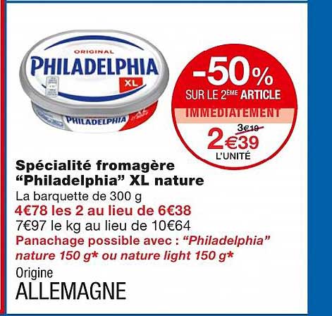 Spécialité Fromagère "philadelphia" Xl Nature -50% Sur Le 2ème Article Immédiatement