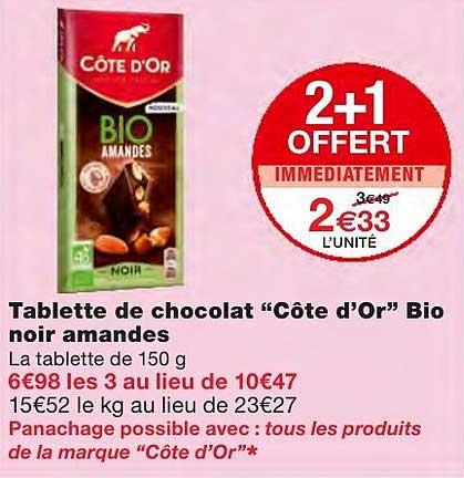 tablette de chocolat côte d'or bio noir amandes 2+1 offert immédiatement