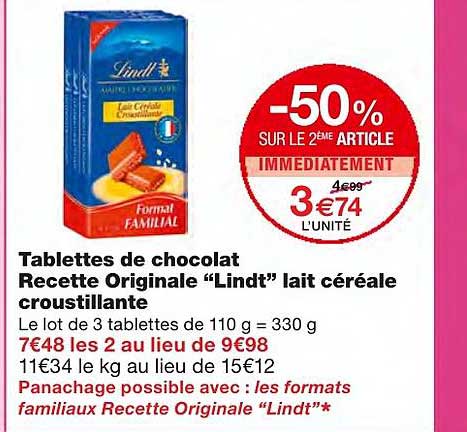 tablettes de chocolat recette originale lindt lait céréale croustillante -50% sur le 2ème article immédiatement