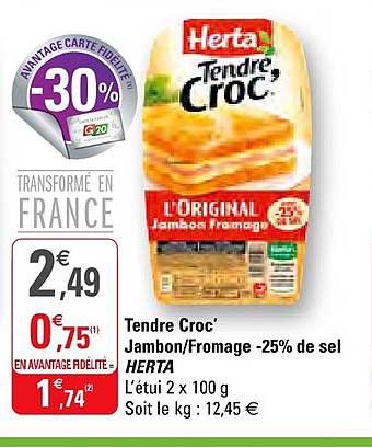 tendre croc' jambon fromage moins 25% de sel herta