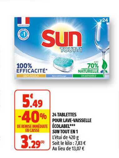 24 tablettes pour lave-vaisselle écolabel sun tout en 1