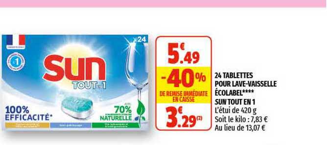 24 tablettes pour lave-vaisselle écolabel sun tout en 1