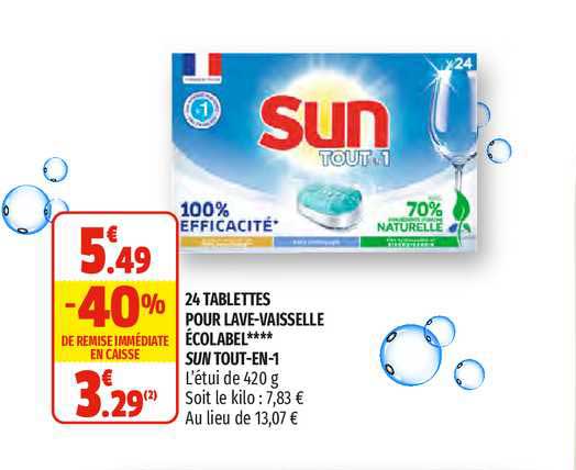24 tablettes pour lave-vaisselle écolabel sun tout-en-1