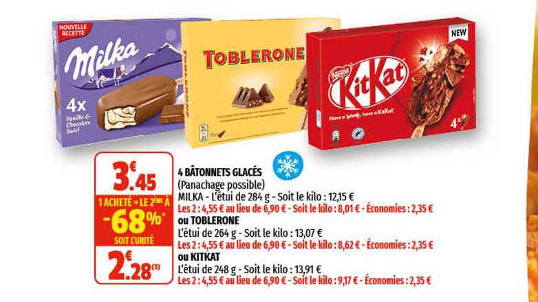 4 Bâtonnets Glacés Ou Toblerone Ou Kitkat
