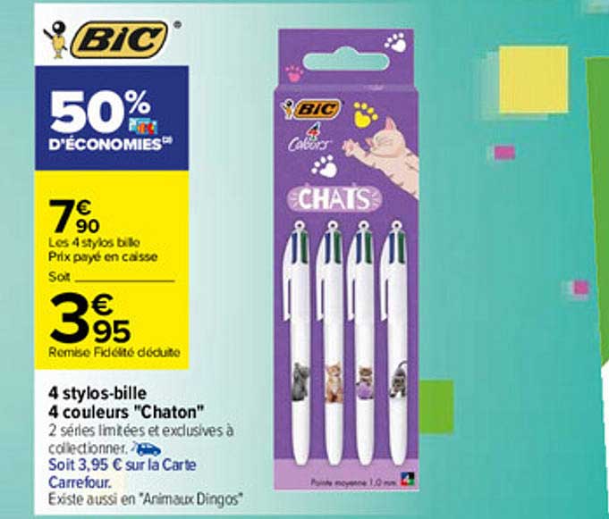 4 Stylos-bille 4 Couleurs "chaton" Bic