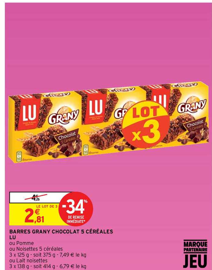 barres grany chocolat 5 céréales lu