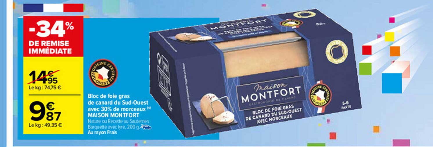 bloc de foie gras de canard du sud-ouest avec 30% de morceaux maison montfort