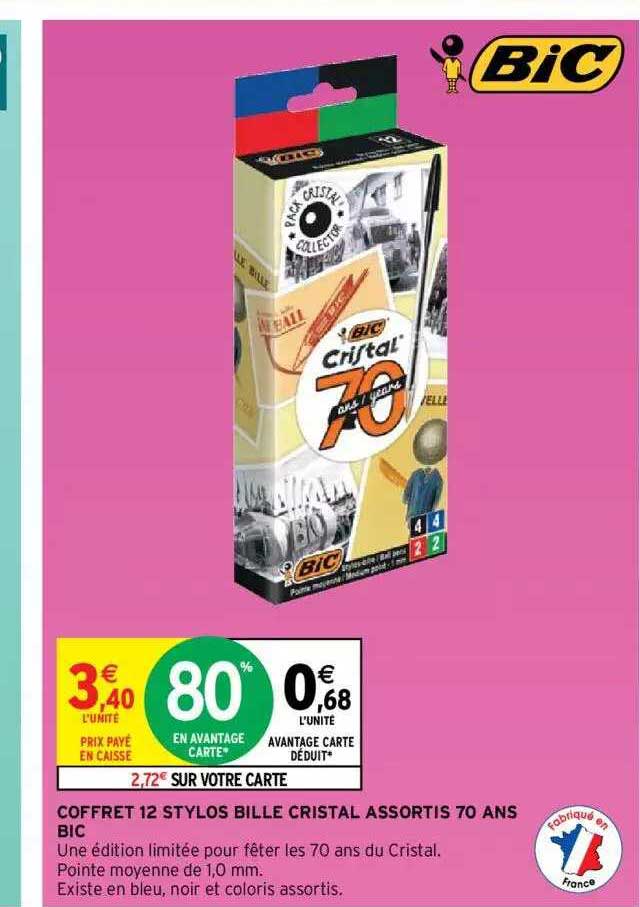 coffret 12 stylos bille cristal assortis 70 ans bic
