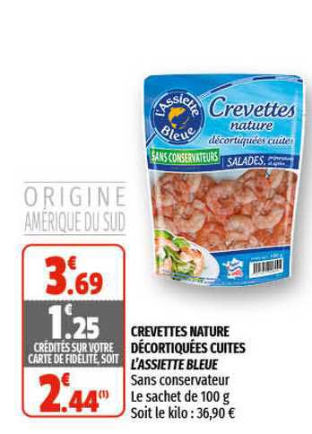 crevettes nature décortiquées cuites l'assiette bleue