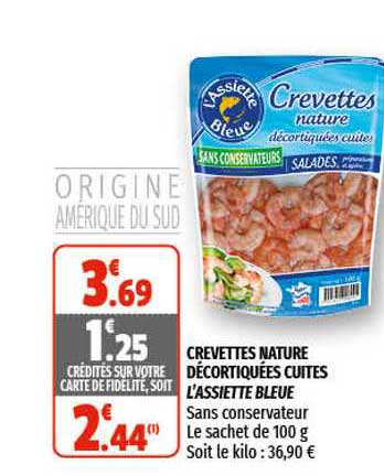 crevettes nature décortiquées cuites l'assiette bleue