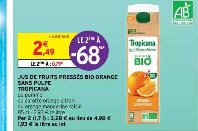 jus de fruits pressés bio orange sans pulpe tropicana