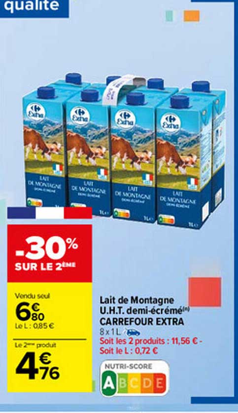 lait de montagne u.h.t. demi-écrémé carrefour extra