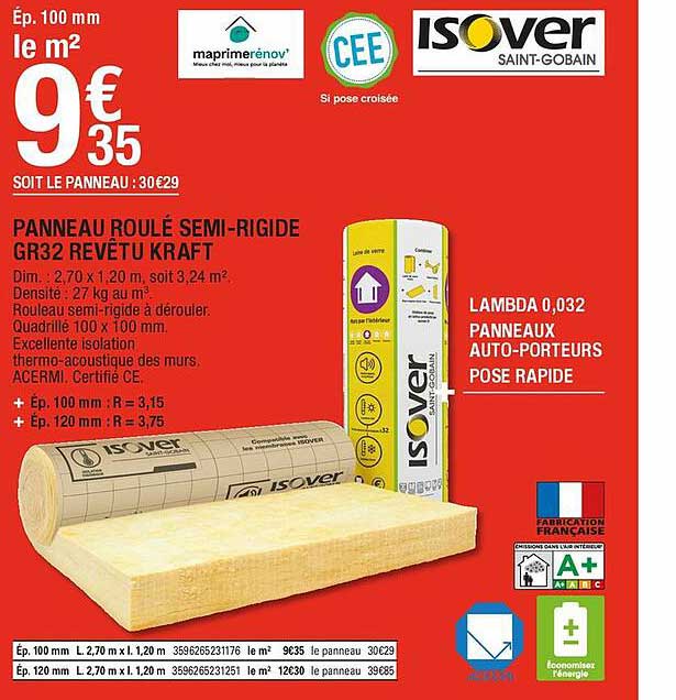 panneau roulé semi-rigide gr32 revêtu kraft isover