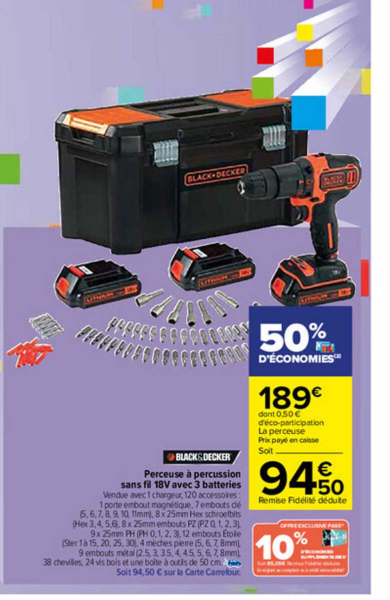 perceuse à percussion sans fil 15v avec 3 batteries black & decker