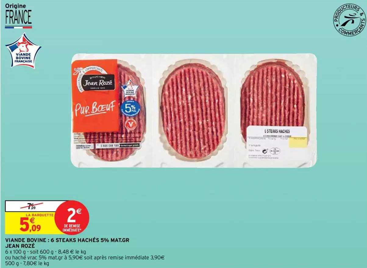 viande bovine : 6 steaks hachés 5% mat. gr. jean rozé