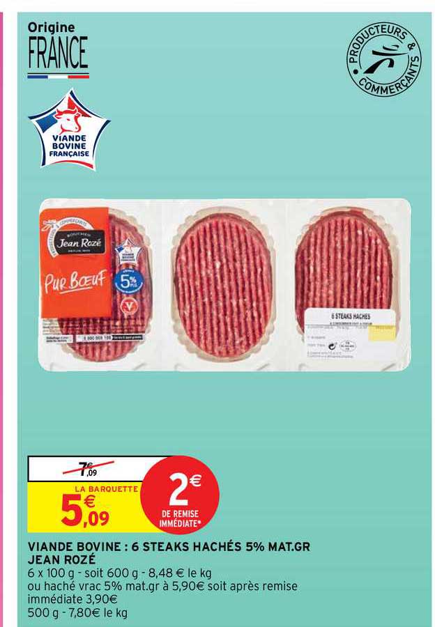viande bovine : 6 steaks hachés 5% mat. gr. jean rozé