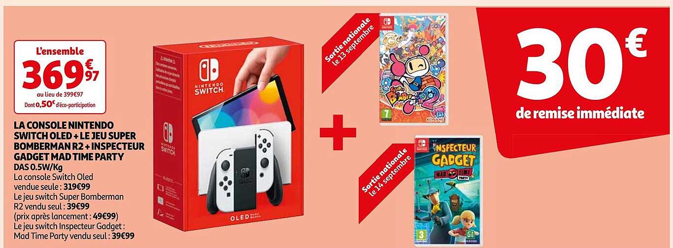 la console nintendo switch oled + le jeu super bomberman r2 + inspecteur gadget mad time party