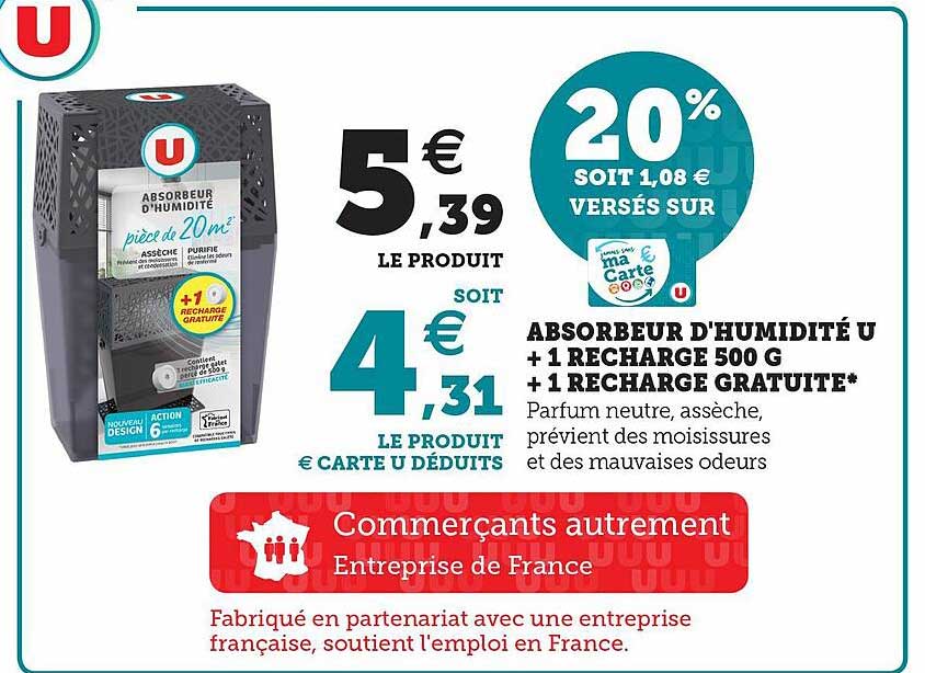 absorbeur d'humidité u + 1 recharge 500 g + 1 recharge gratuite