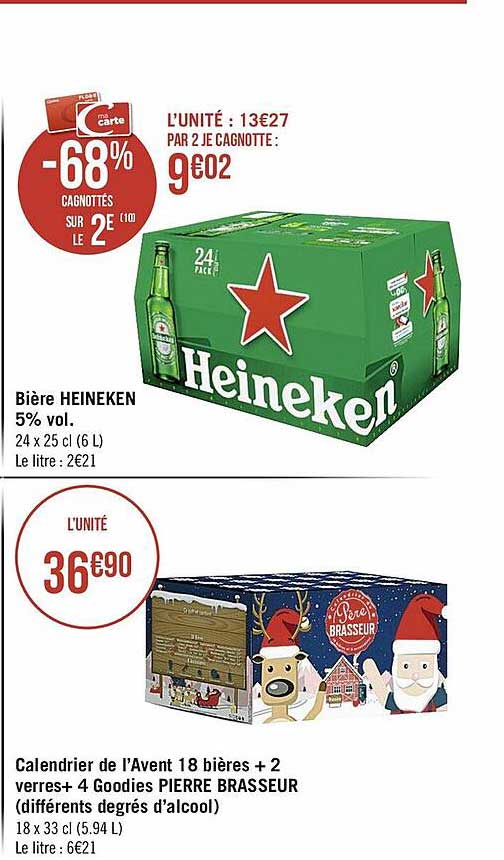 bière heineken 5% vol., calendrier de l'avent 18 bières + 2 verres + 4 goodies pierre brasseur
