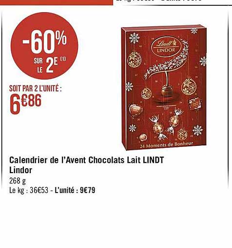 calendrier de l'avent chocolats lait lindt lindor