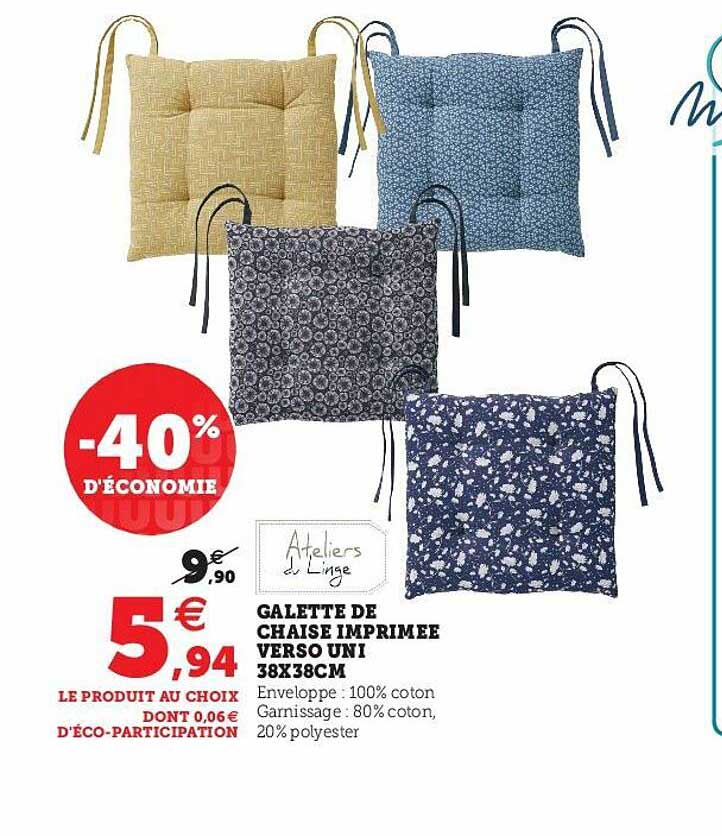 galette de chaise imprimée verso uni 38 x 38 cm