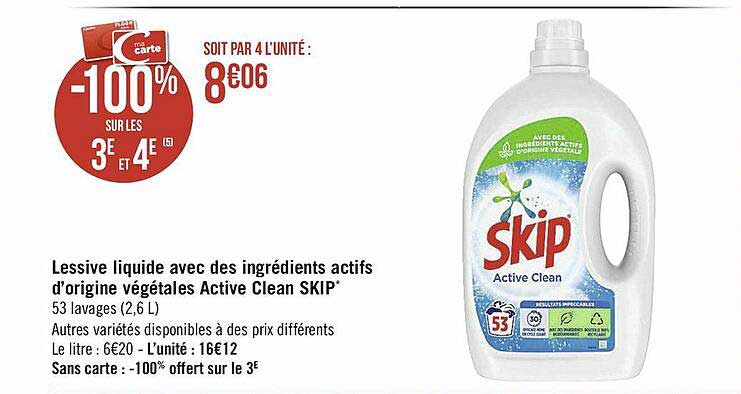 lessive liquide avec des ingrédients actifs d'origine végétales active clean skip
