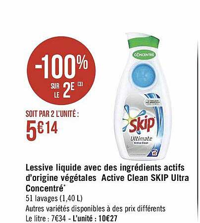 lessive liquide avec des ingrédients actifs d'origine végétales active clean skip ultra concentré