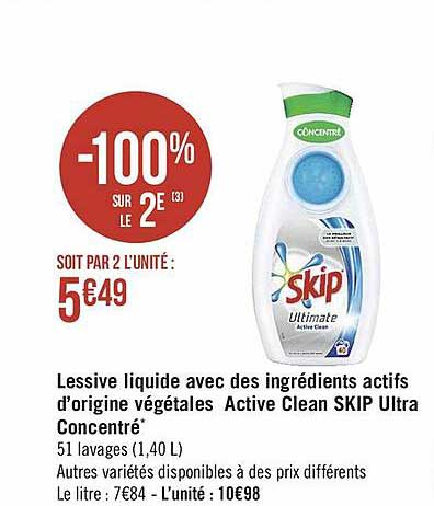 lessive liquide avec des ingrédients actifs d'origine végétales active clean skip ultra concentré