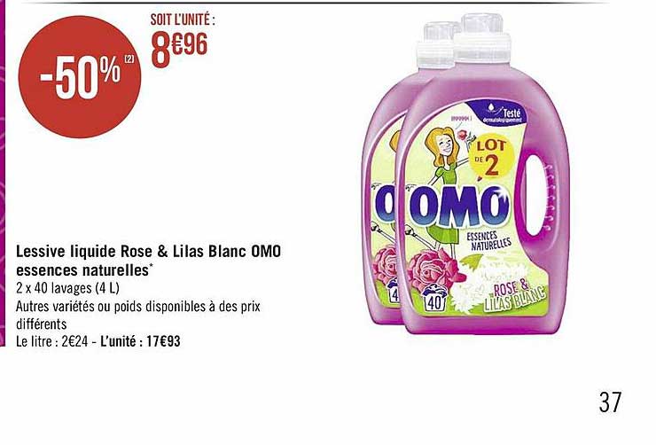 lessive liquide rose & lilas blanc omo essences naturelles